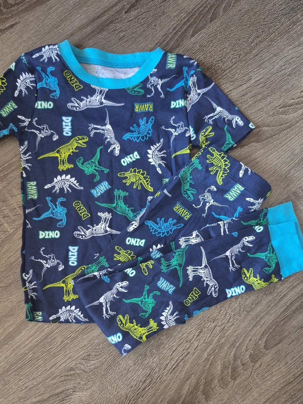 Navy Dino Print Kids Pajama Set with Turquoise Trim